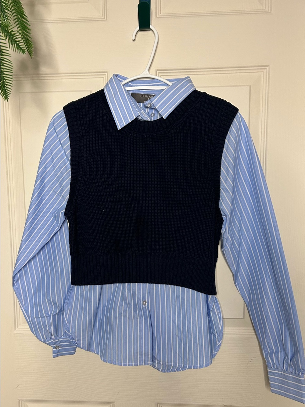 Primark Navy Knit Vest Over Light Blue Striped Shirt